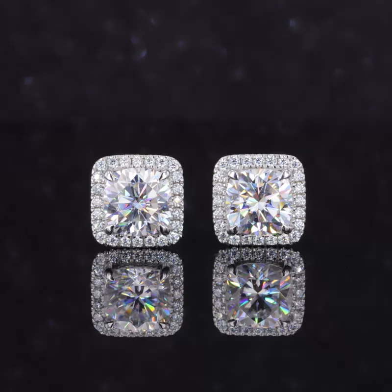 6×6mm Cushion Cut Moissanite Halo Set S925 Sterling Silver Diamond Stud Earrings