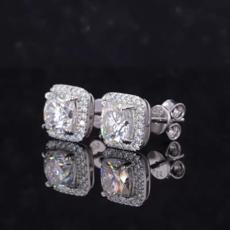 6×6mm Cushion Cut Moissanite Halo Set S925 Sterling Silver Diamond Stud Earrings