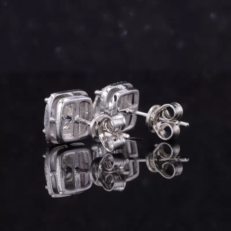 6×6mm Cushion Cut Moissanite Halo Set S925 Sterling Silver Diamond Stud Earrings