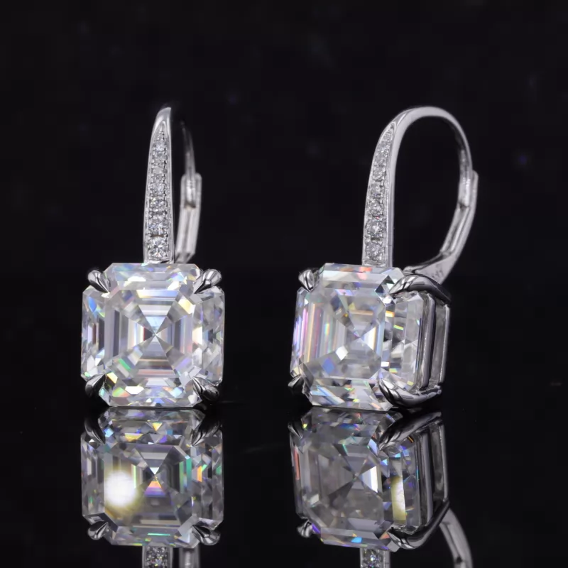 9×9mm Asscher Cut Moissanite 14K White Gold Drop Dangle Diamond Earrings