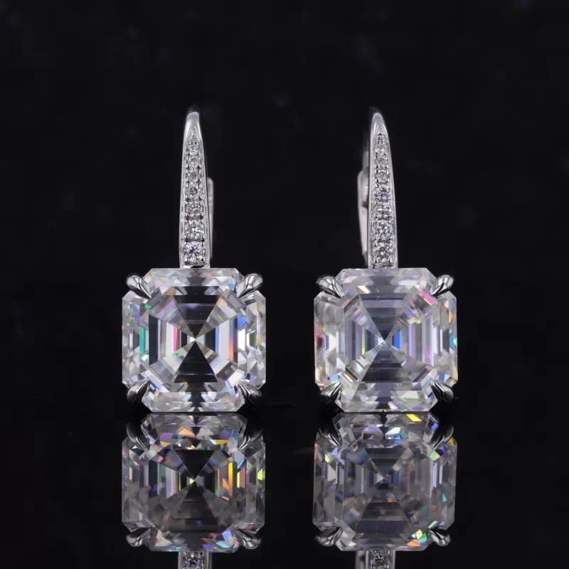 9×9mm Asscher Cut Moissanite 14K White Gold Drop Dangle Diamond Earrings