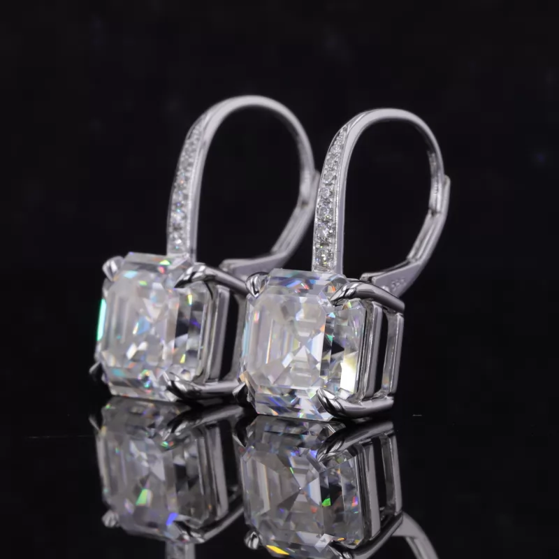 9×9mm Asscher Cut Moissanite 14K White Gold Drop Dangle Diamond Earrings