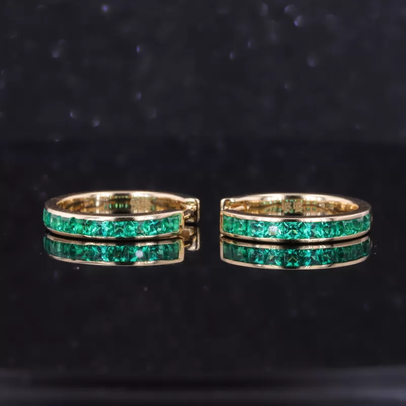 2×2mm Princess Cut Lab Grown Emerald 14K Yellow Gold Hoop Diamond Earrings