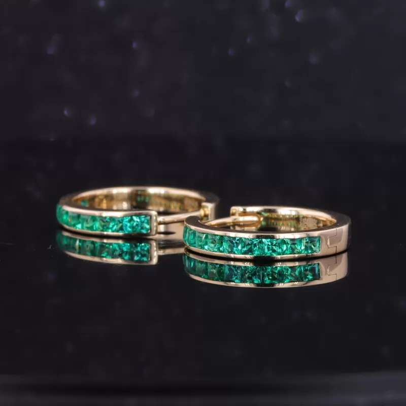 2×2mm Princess Cut Lab Grown Emerald 14K Yellow Gold Hoop Diamond Earrings