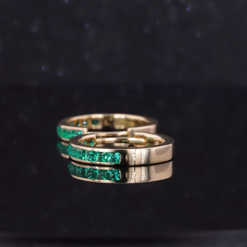 2×2mm Princess Cut Lab Grown Emerald 14K Gold Hoop Diamond Earrings