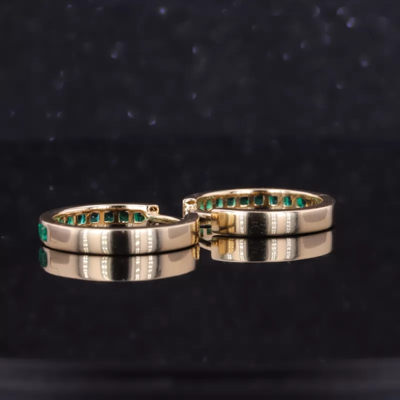 2×2mm Princess Cut Lab Grown Emerald 14K Gold Hoop Diamond Earrings