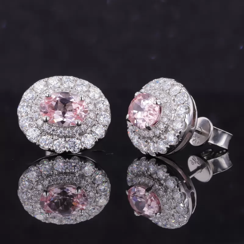 5×7mm Oval Cut Lab Grown Sukura Pink Sapphire S925 Sterling Silver Diamond Stud Earrings