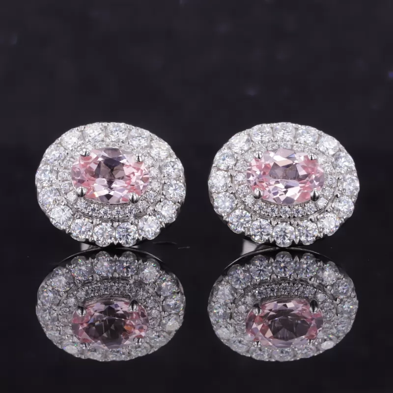 5×7mm Oval Cut Lab Grown Sukura Pink Sapphire S925 Sterling Silver Diamond Stud Earrings