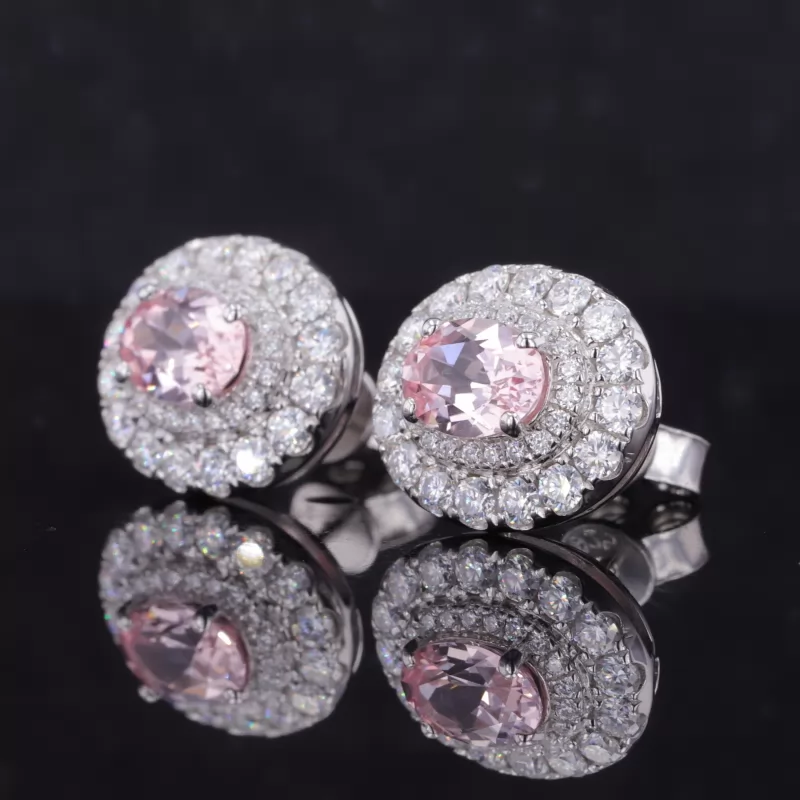 5×7mm Oval Cut Lab Grown Sukura Pink Sapphire S925 Sterling Silver Diamond Stud Earrings