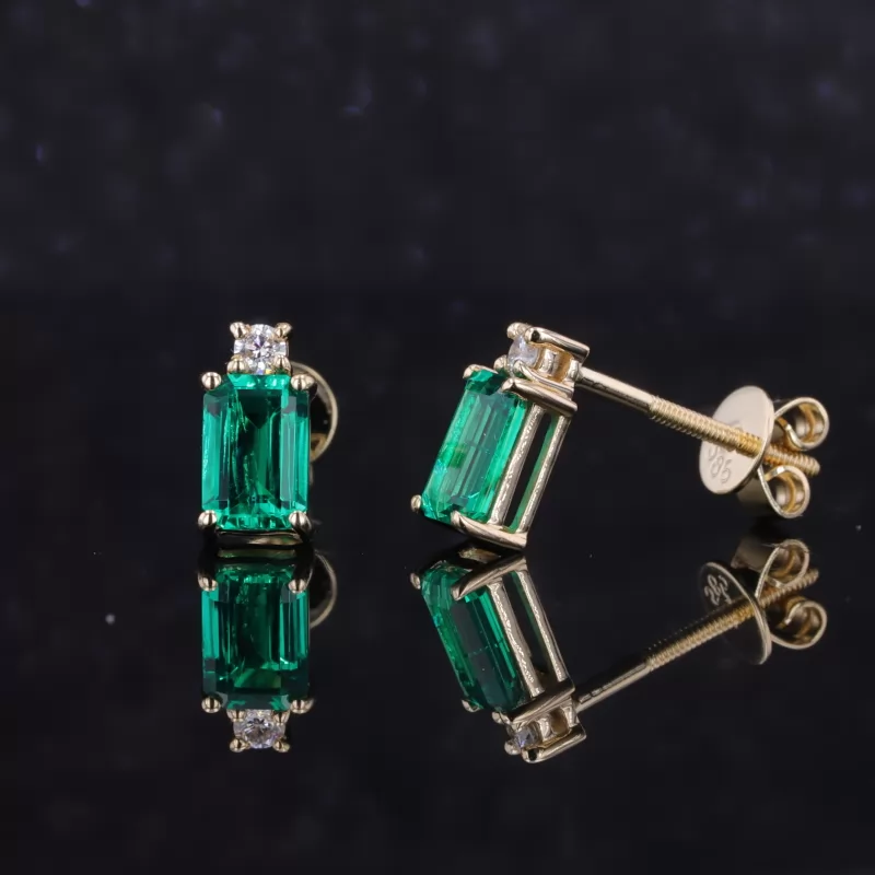 4×6mm Octagon Emerald Cut Lab Grown Emerald 14K Yellow Gold Diamond Stud Earrings