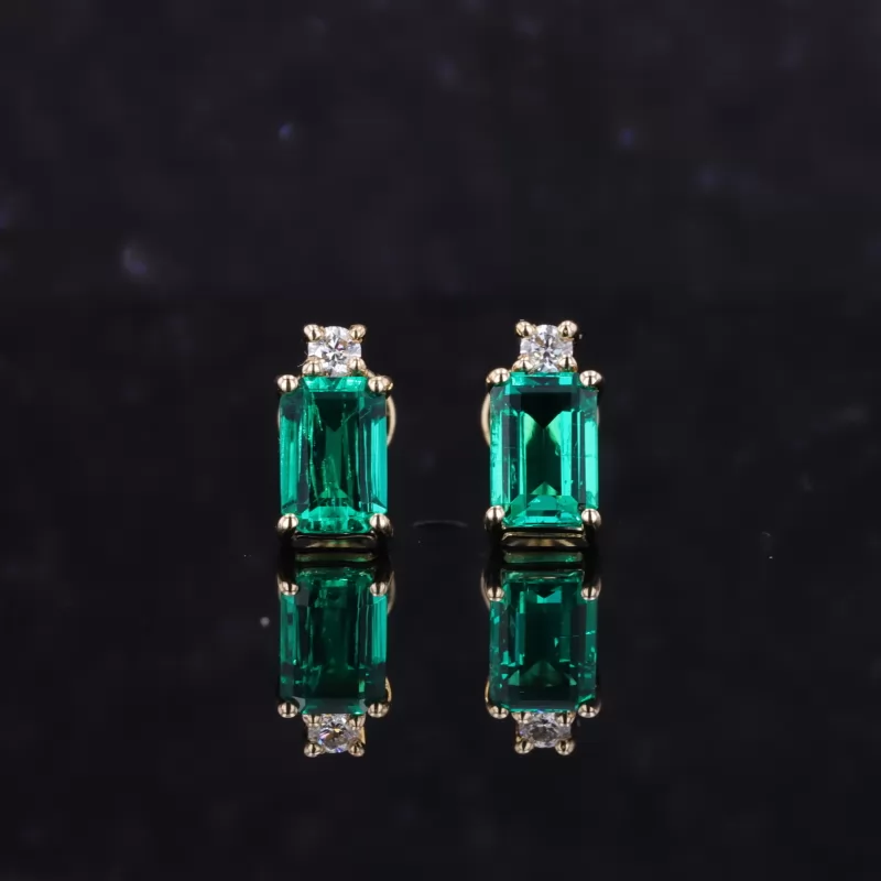 4×6mm Octagon Emerald Cut Lab Grown Emerald 14K Yellow Gold Diamond Stud Earrings