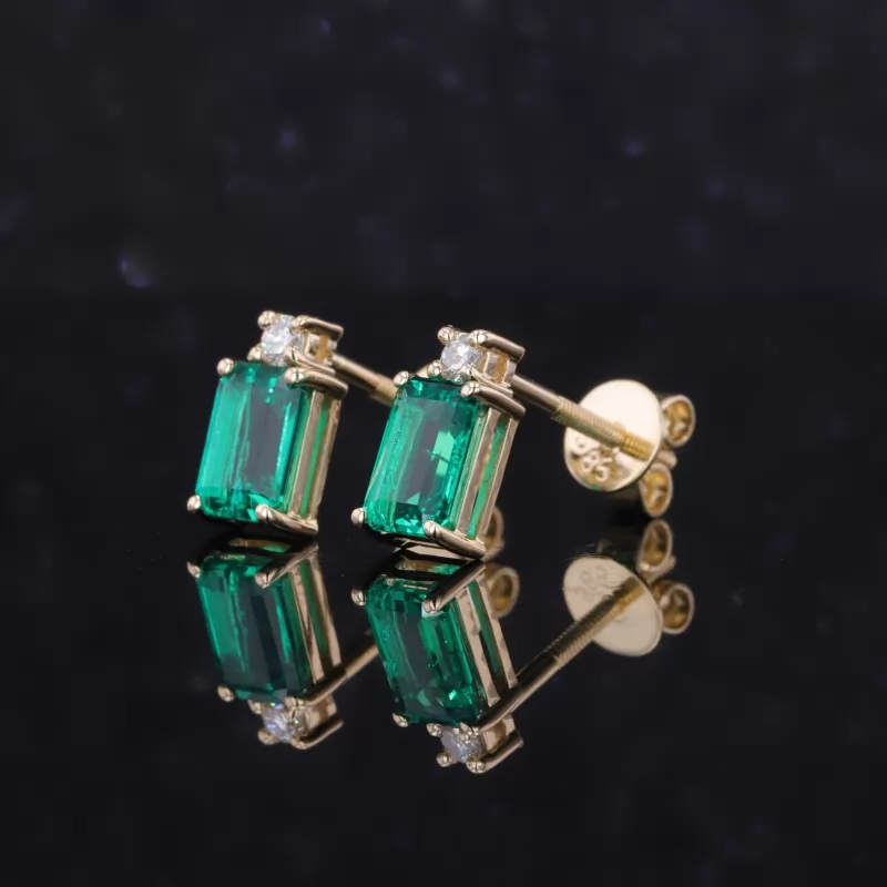 4×6mm Octagon Emerald Cut Lab Grown Emerald 14K Gold Diamond Stud Earrings