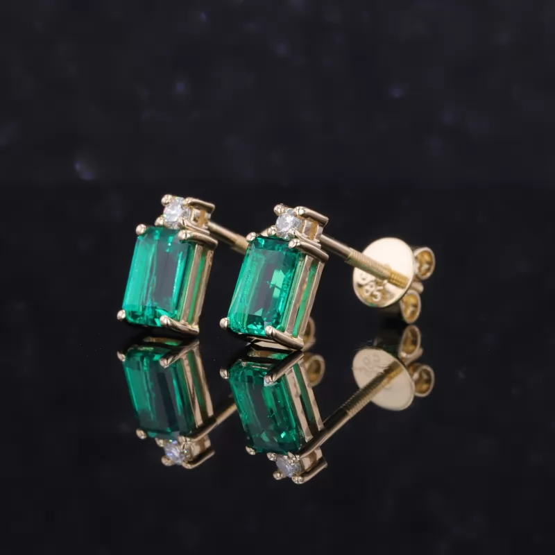 4×6mm Octagon Emerald Cut Lab Grown Emerald 14K Yellow Gold Diamond Stud Earrings