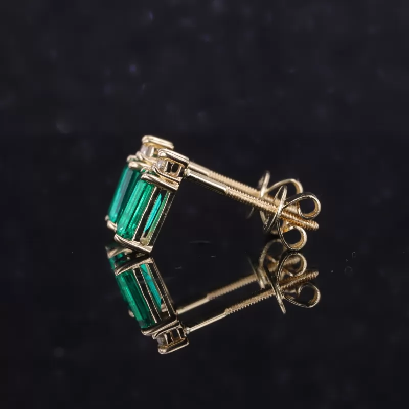 4×6mm Octagon Emerald Cut Lab Grown Emerald 14K Gold Diamond Stud Earrings