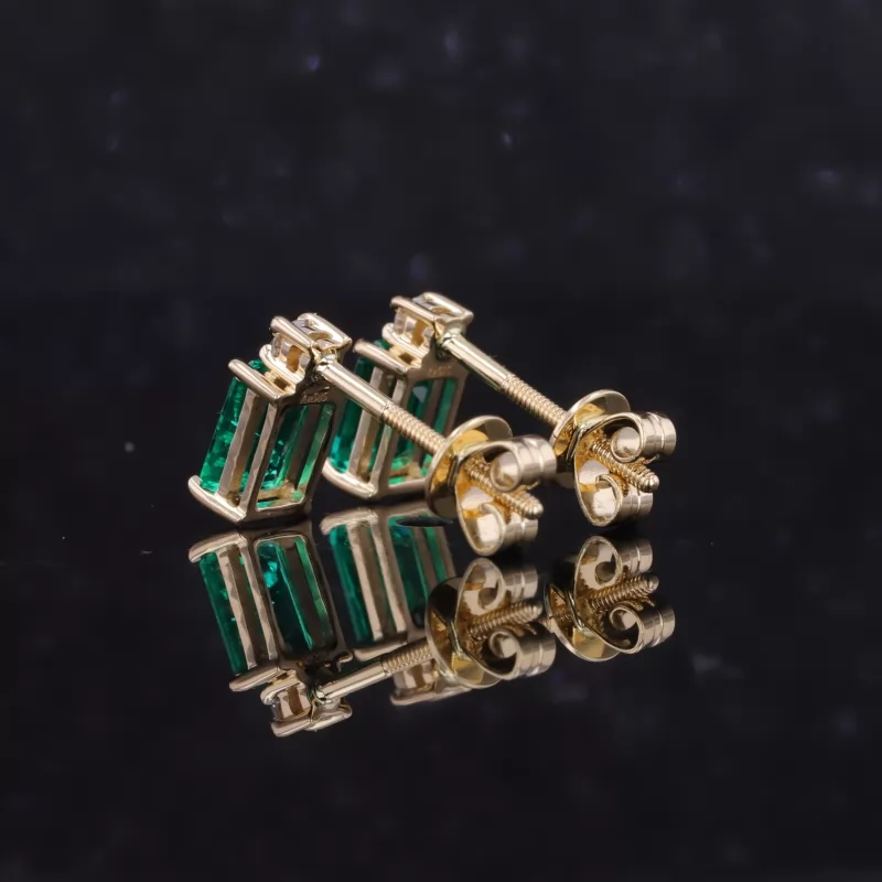 4×6mm Octagon Emerald Cut Lab Grown Emerald 14K Yellow Gold Diamond Stud Earrings