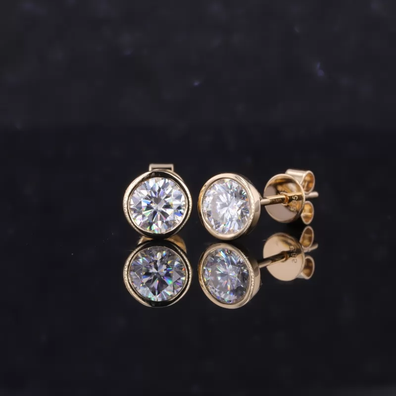 5mm Round Brilliant Cut Moissanite Bezel Set 14K Yellow Gold Diamond Stud Earrings