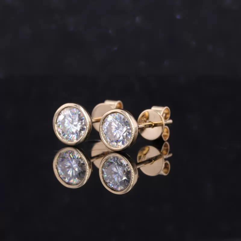 5mm Round Brilliant Cut Moissanite Bezel Set 14K Yellow Gold Diamond Stud Earrings