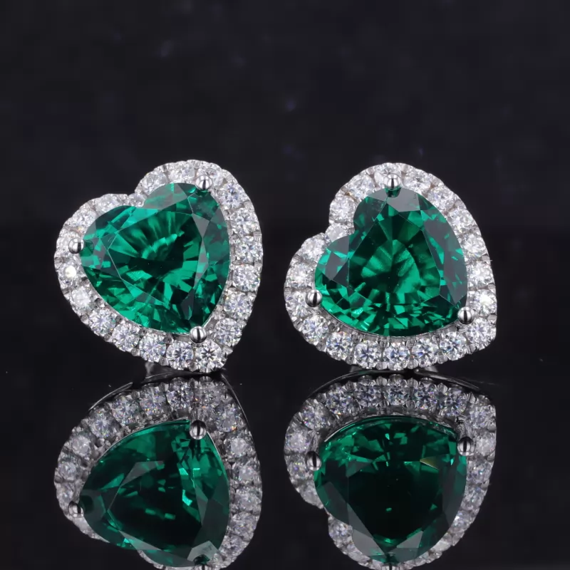 8×8mm Heart Cut Lab Grown Emerald Halo Set 14K White Gold Diamond Stud Earrings