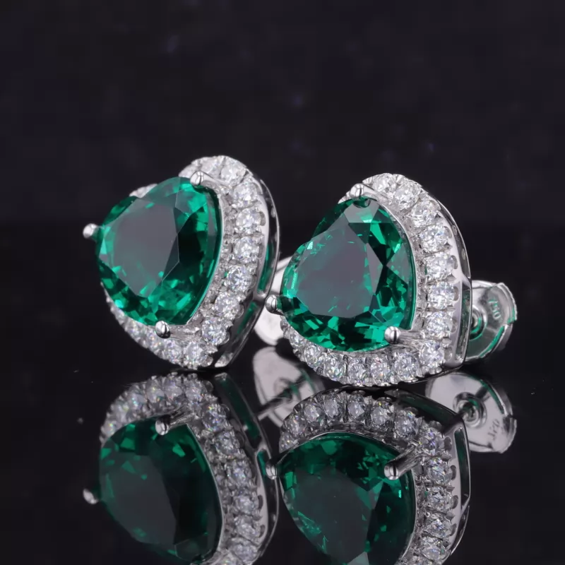 8×8mm Heart Cut Lab Grown Emerald Halo Set 14K White Gold Diamond Stud Earrings