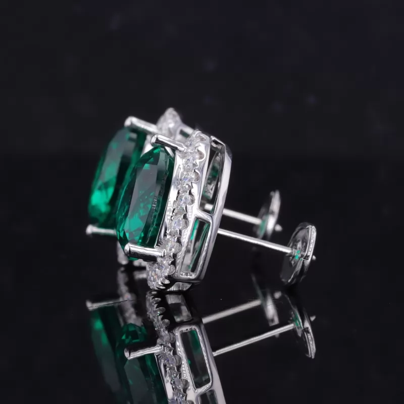 8×8mm Heart Cut Lab Grown Emerald Halo Set 14K White Gold Diamond Stud Earrings