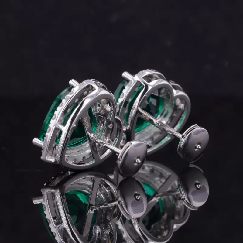 8×8mm Heart Cut Lab Grown Emerald Halo Set 14K White Gold Diamond Stud Earrings