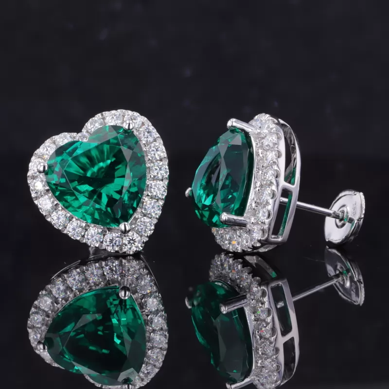 8×8mm Heart Cut Lab Grown Emerald Halo Set 14K White Gold Diamond Stud Earrings