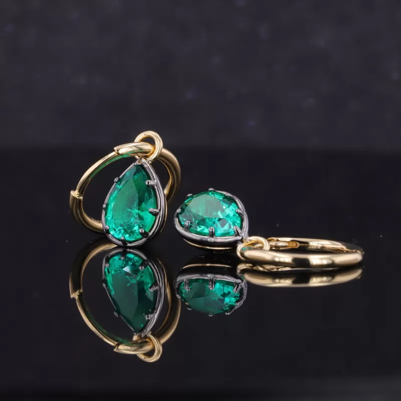 5×7mm Pear Cut Lab Grown Hydrothermal Emerald Gemstone 18K Gold Drop Dangle Diamond Earrings