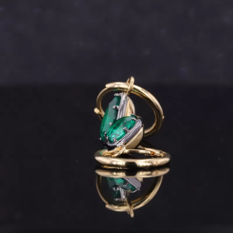 5×7mm Pear Cut Lab Grown Hydrothermal Emerald Gemstone 18K Gold Drop Dangle Diamond Earrings