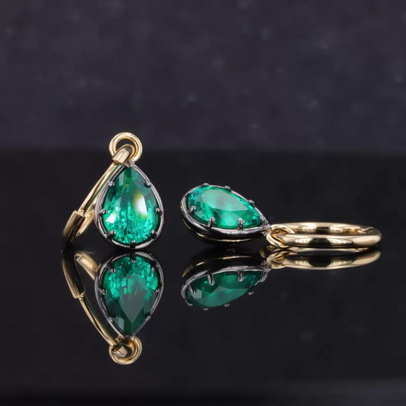 5×7mm Pear Cut Lab Grown Hydrothermal Emerald Gemstone 18K Gold Drop Dangle Diamond Earrings