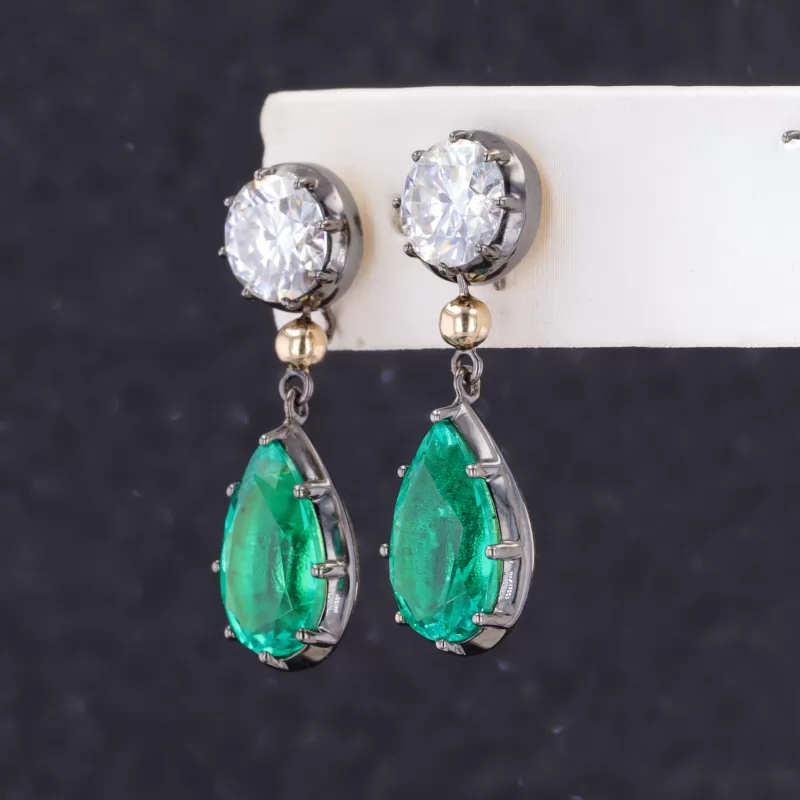 7×12mm Pear Cut Lab Grown Hydrothermal Emerald Gemstone 14K Gold Drop Dangle Diamond Earrings