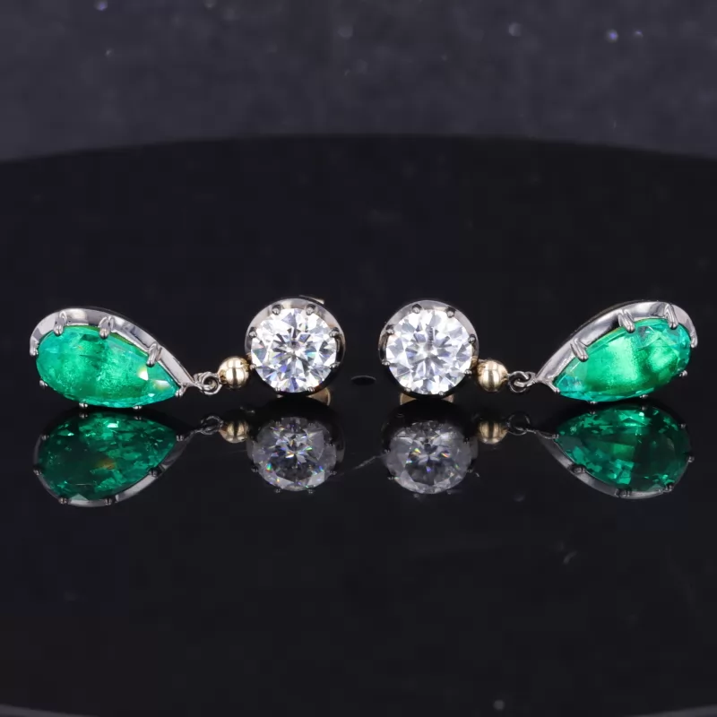 7×12mm Pear Cut Lab Grown Hydrothermal Emerald Gemstone 14K Gold Drop Dangle Diamond Earrings