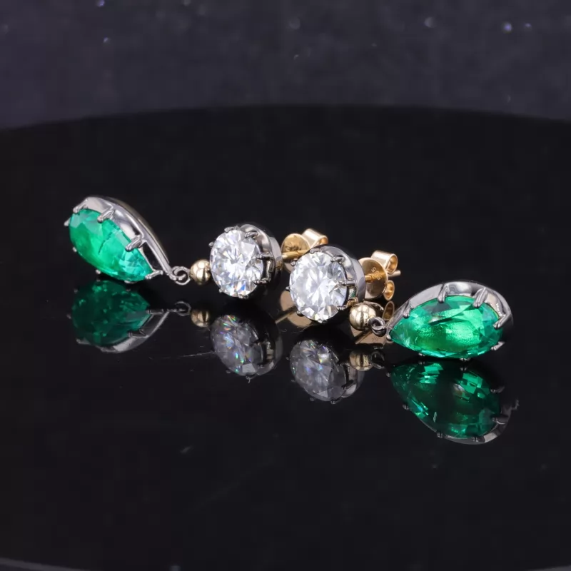 7×12mm Pear Cut Lab Grown Hydrothermal Emerald Gemstone 14K Gold Drop Dangle Diamond Earrings