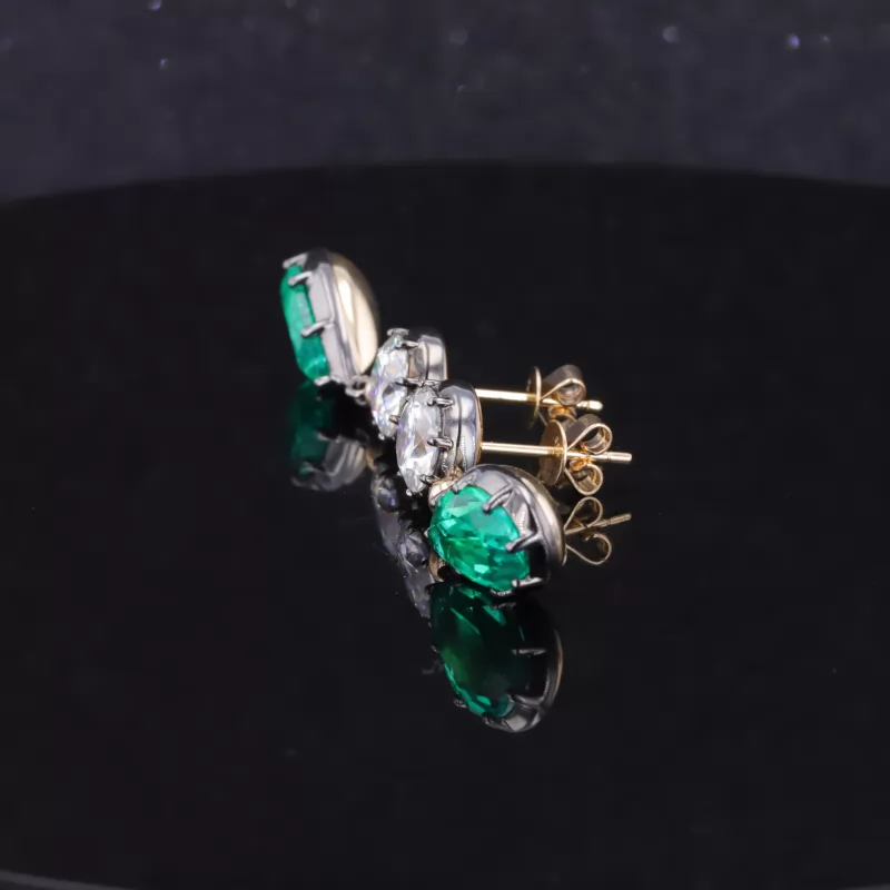 7×12mm Pear Cut Lab Grown Hydrothermal Emerald Gemstone 14K Gold Drop Dangle Diamond Earrings