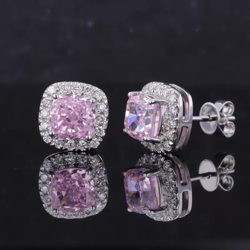 7×7mm Cushion Shape Crushed Ice Cut Pink Cubic Zirconia Halo Set S925 Sterling Silver Diamond Stud Earrings