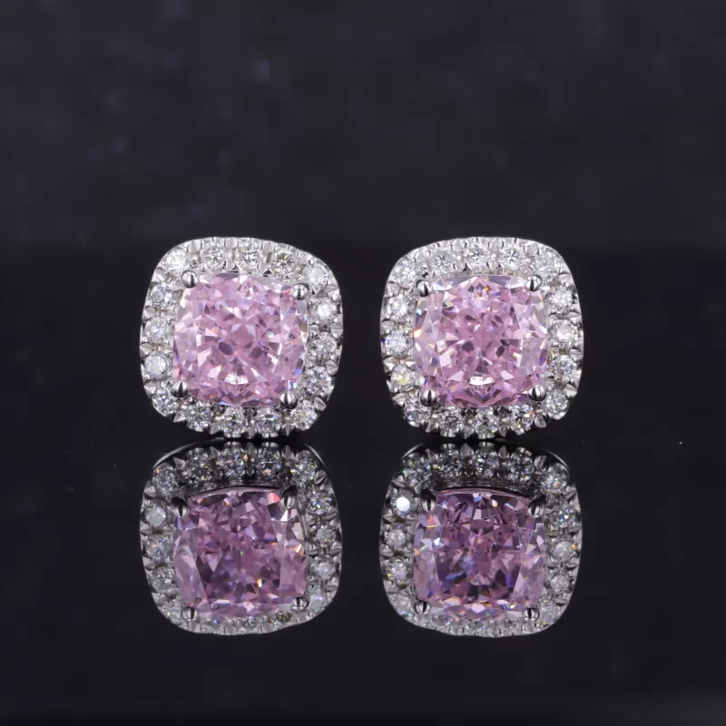 7×7mm Cushion Shape Crushed Ice Cut Pink Cubic Zirconia Halo Set S925 Sterling Silver Diamond Stud Earrings