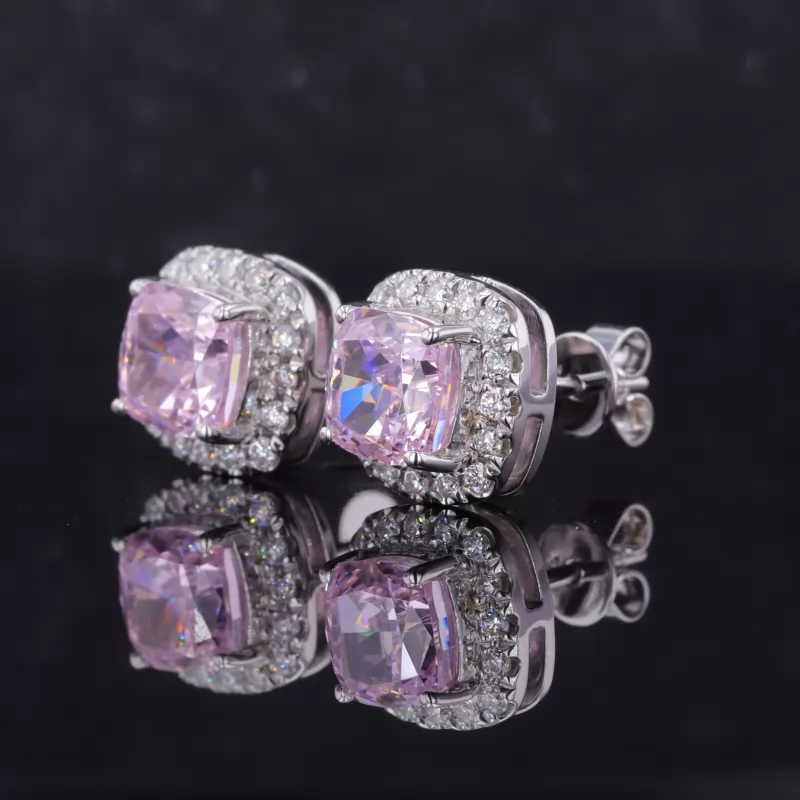 7×7mm Cushion Shape Crushed Ice Cut Pink Cubic Zirconia Halo Set S925 Sterling Silver Diamond Stud Earrings