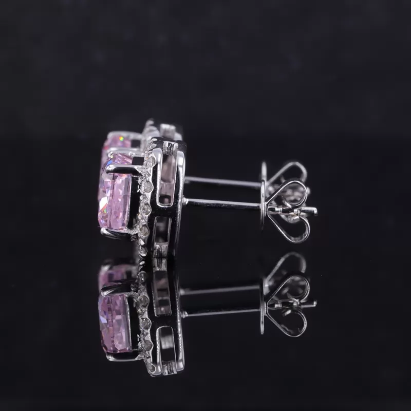 7×7mm Cushion Shape Crushed Ice Cut Pink Cubic Zirconia Halo Set S925 Sterling Silver Diamond Stud Earrings