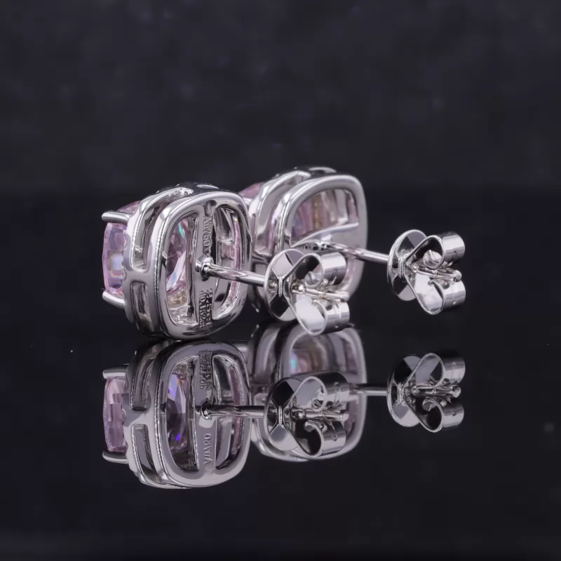 7×7mm Cushion Shape Crushed Ice Cut Pink Cubic Zirconia Halo Set S925 Sterling Silver Diamond Stud Earrings