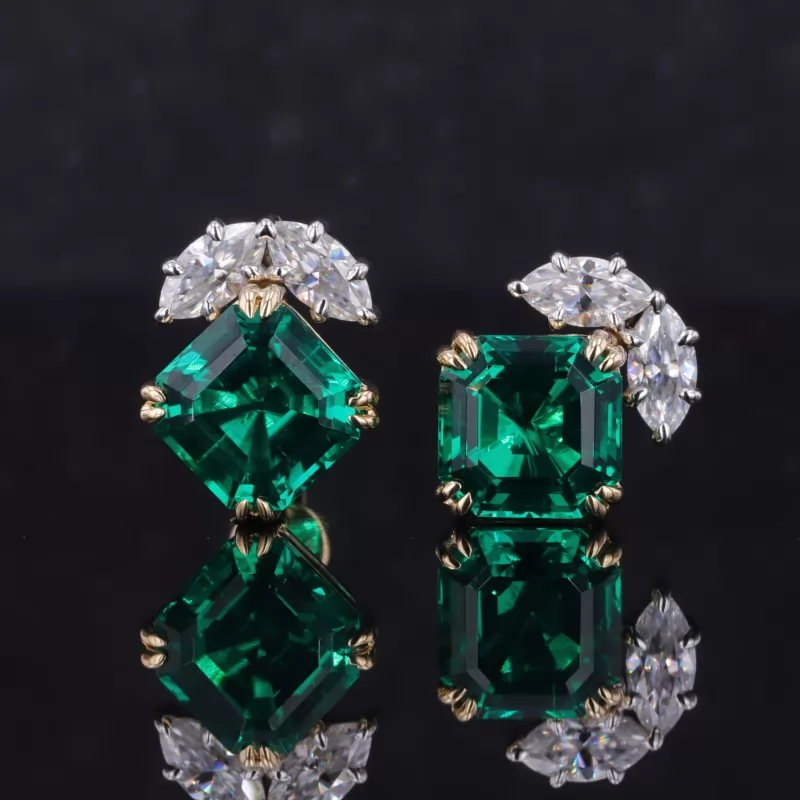 8×8mm Asscher Cut Lab Grown Emerald 10K Yellow Gold Diamond Stud Earrings