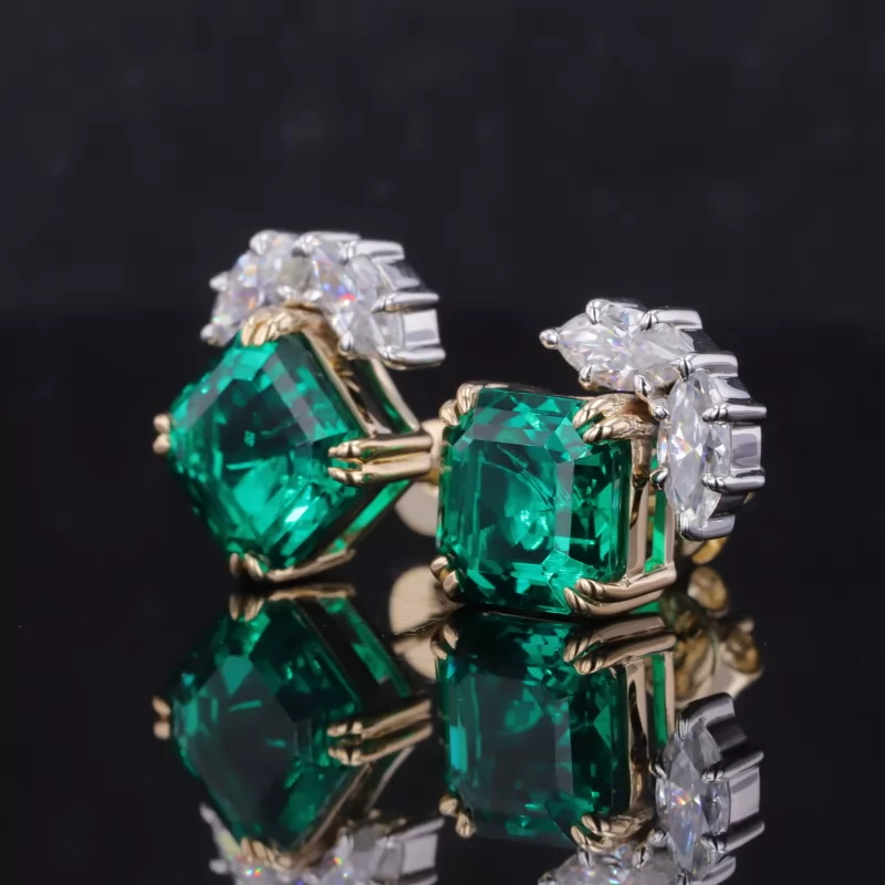 8×8mm Asscher Cut Lab Grown Emerald 10K Yellow Gold Diamond Stud Earrings