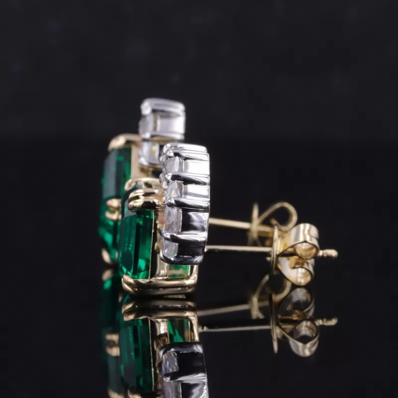8×8mm Asscher Cut Lab Grown Emerald 10K Gold Diamond Stud Earrings