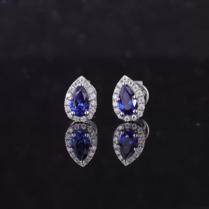 3×5mm Pear Cut Lab Grown Sapphire Halo Set S925 Sterling Silver Diamond Stud Earrings