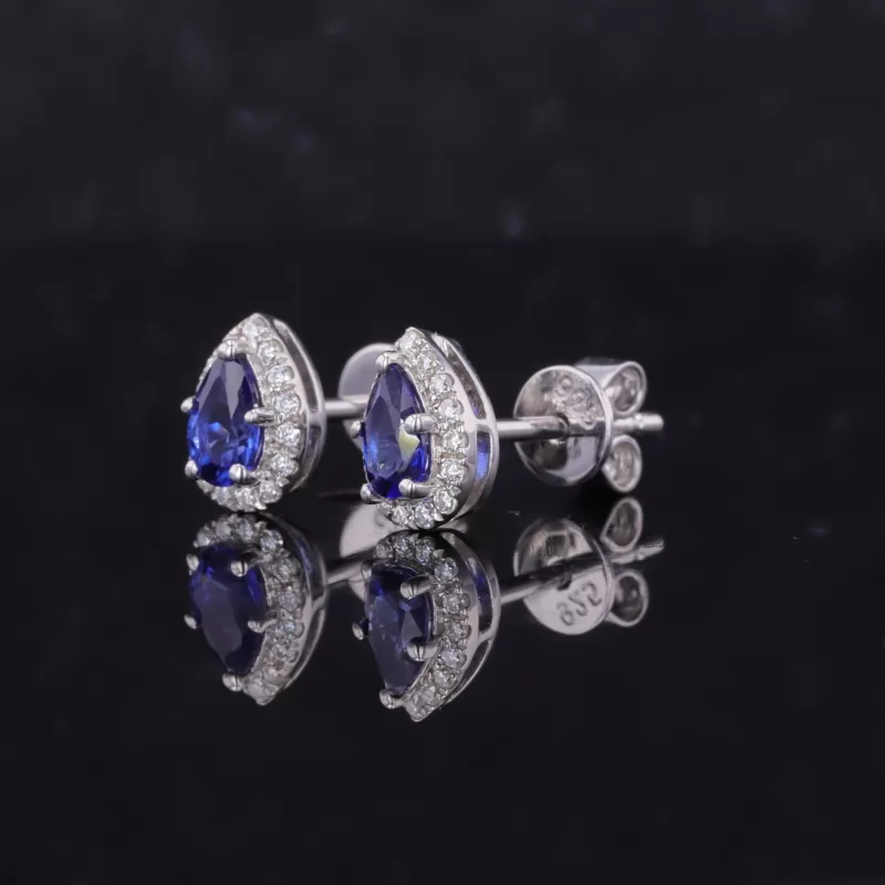 3×5mm Pear Cut Lab Grown Sapphire Halo Set S925 Sterling Silver Diamond Stud Earrings