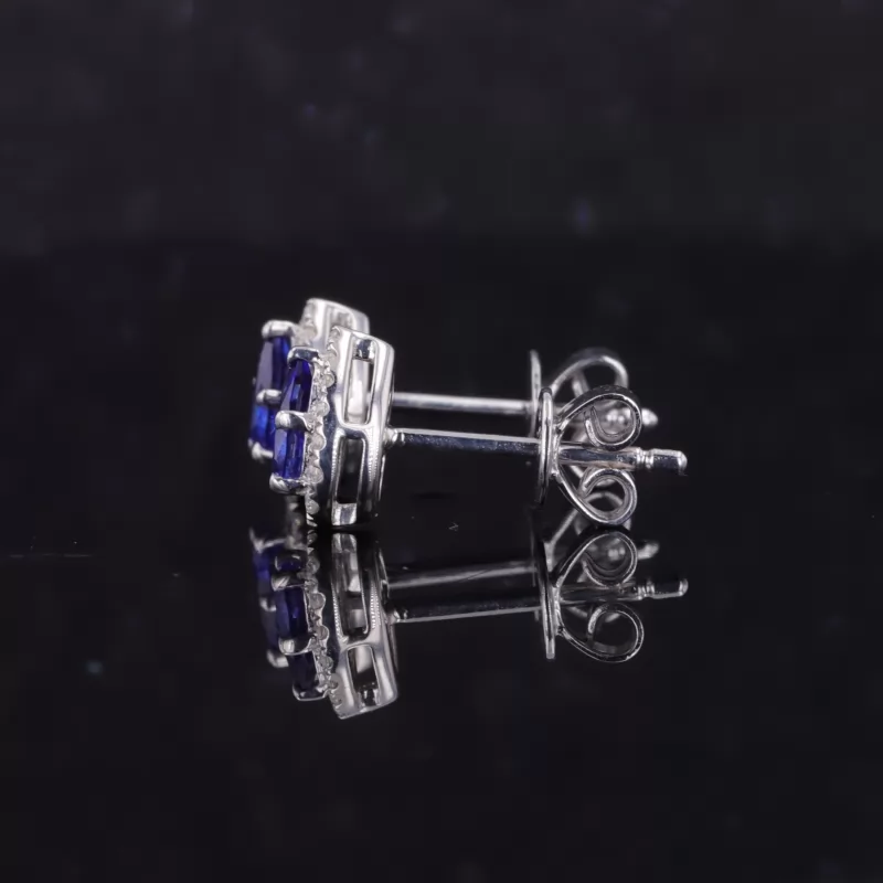 3×5mm Pear Cut Lab Grown Sapphire Halo Set S925 Sterling Silver Diamond Stud Earrings