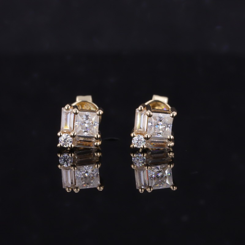 3×3mm Princess Cut Moissanite 10K Yellow Gold Diamond Stud Earrings