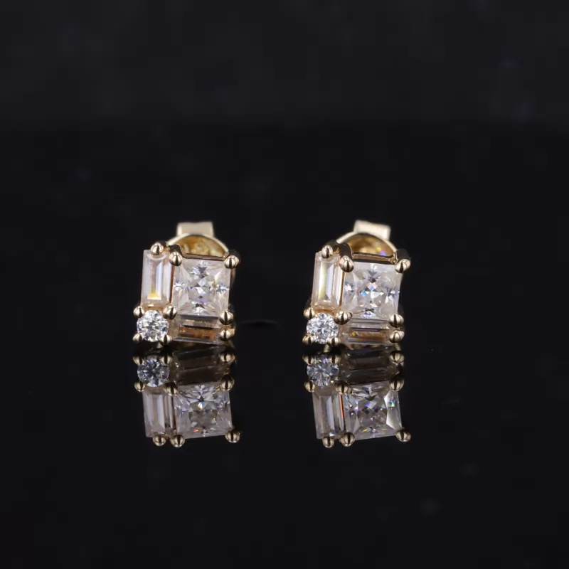 3×3mm Princess Cut Moissanite 10K Yellow Gold Diamond Stud Earrings