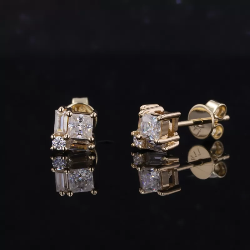 3×3mm Princess Cut Moissanite 10K Yellow Gold Diamond Stud Earrings