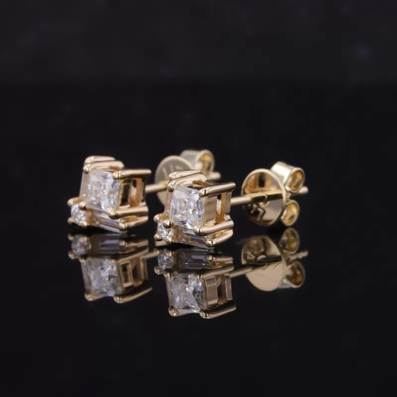 3×3mm Princess Cut Moissanite 10K Yellow Gold Diamond Stud Earrings