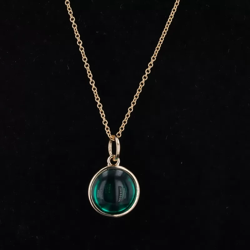 10mm Round Shape Colombia Color Lab Gemstone Bezel Set 14K Gold Diamond Pendant Necklace