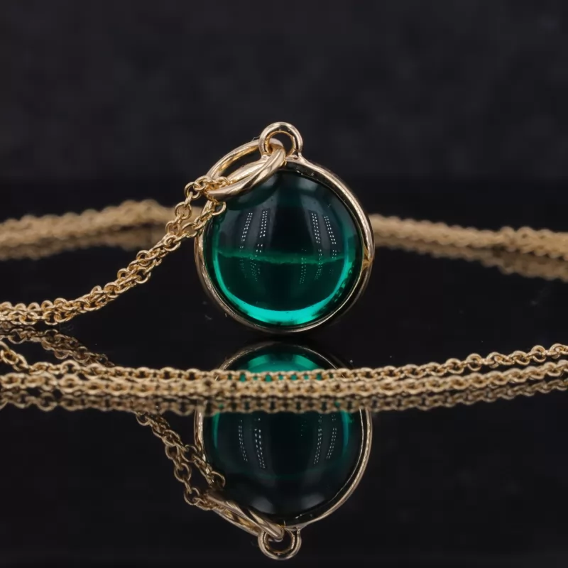 10mm Round Shape Colombia Color Lab Gemstone Bezel Set 14K Gold Diamond Pendant Necklace